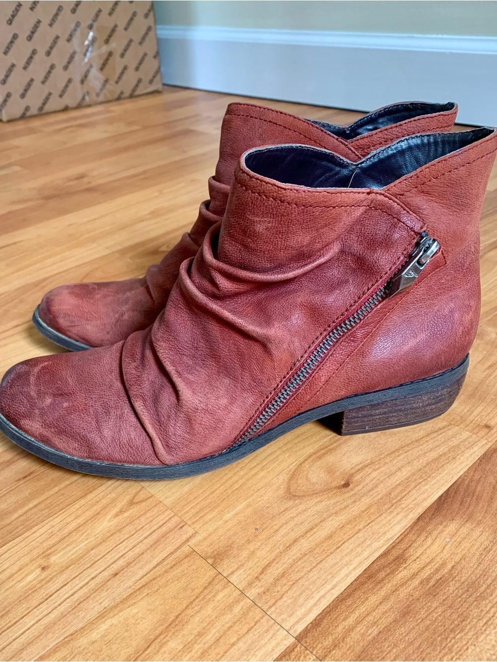 Fergie Reddish Brown Leather Ruched Ankle Booties